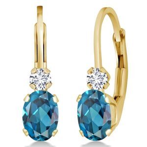 14K Yellow Gold 1.07 Cttw London Blue Topaz and Diamond Leverback Drop Earrings